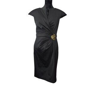 Tadashi Shoji Pleated V Neck Cap Sleeve Gemstone Ruched Black Sheath Dress NEW